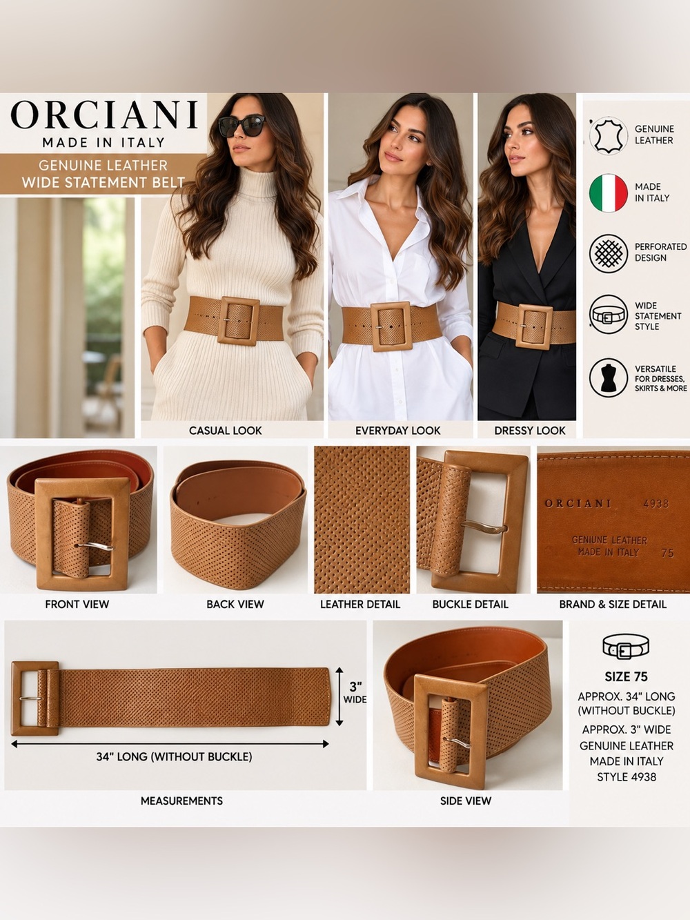 Orciani Made in Italy Genuine Leather Wide Statement Belt Tan Size (75cm) US 2